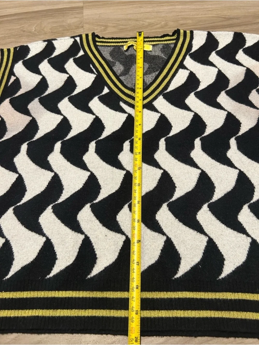 Men's Black & White Wave V-Neck Sweater Vest with Yellow Trim